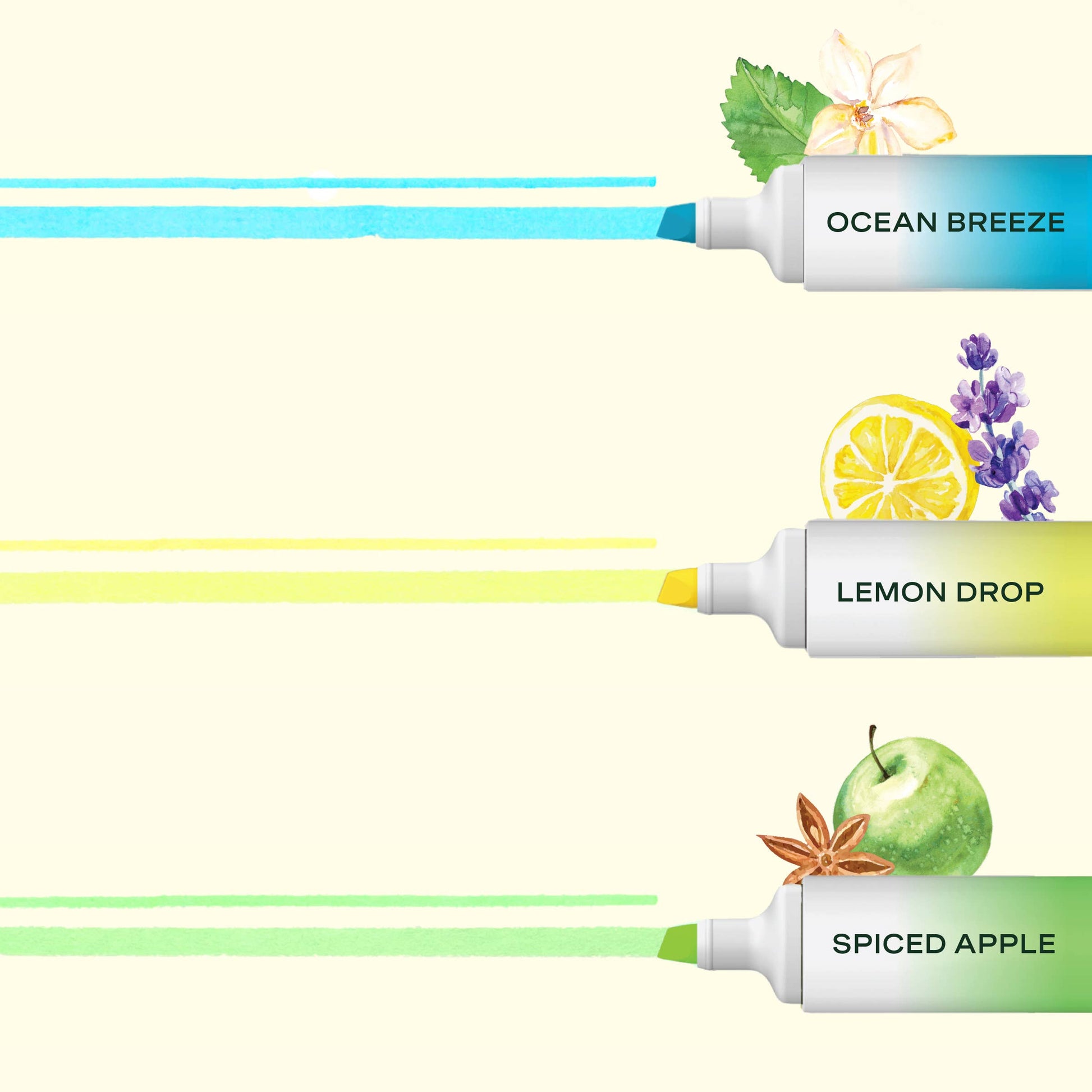 Three scented highlighters labeled 'Ocean Breeze' (blue) , 'Lemon Drop' (yellow) , and 'Spiced Apple' (green) with corresponding fruit illustrations depicted on a white background