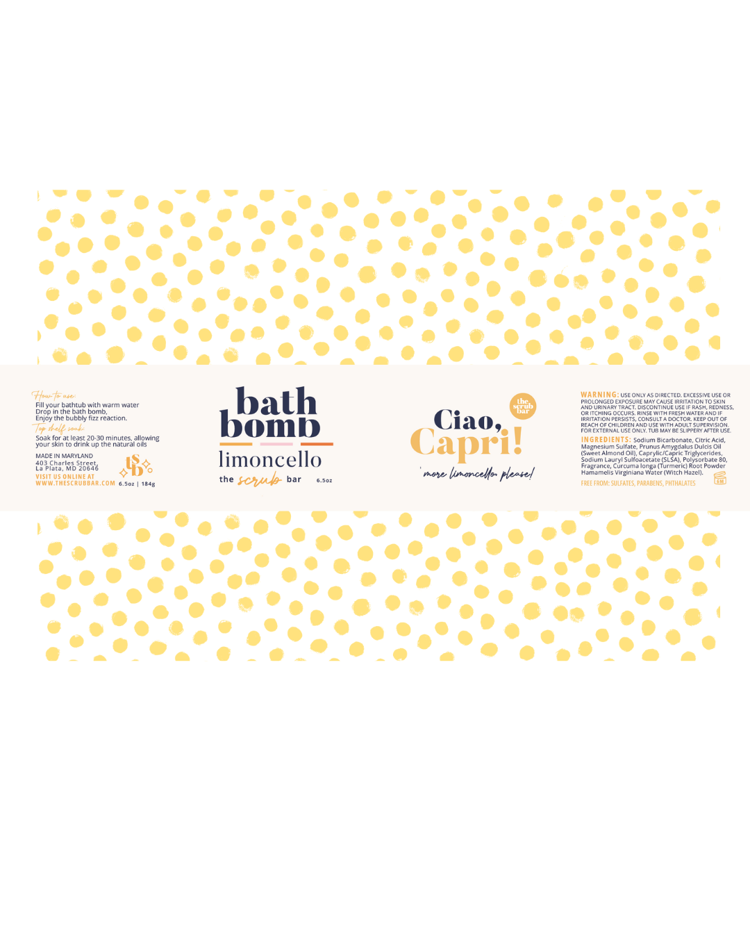 Product packaging with yellow polka dots and text on a white background