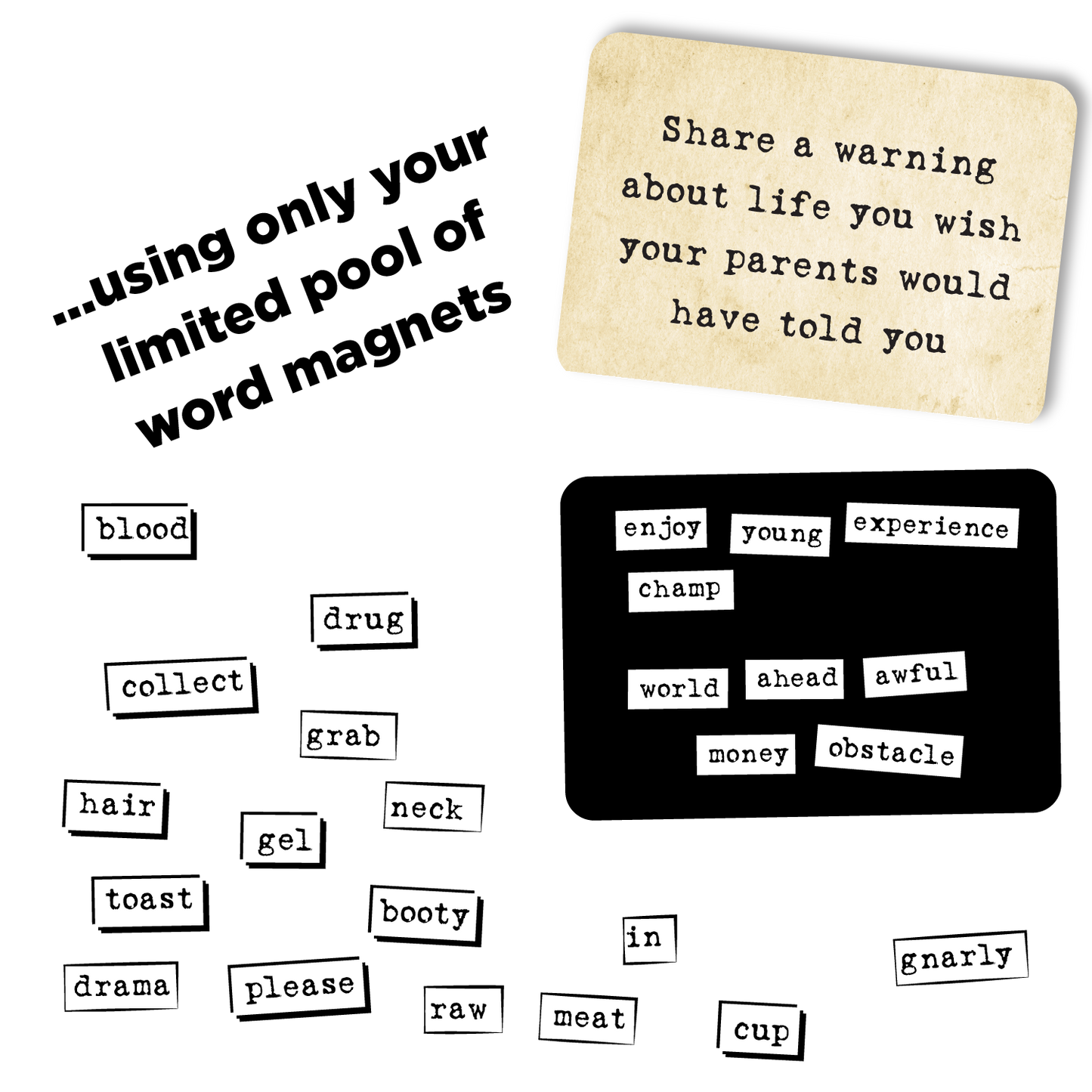 Word magnets on a white background with text prompts