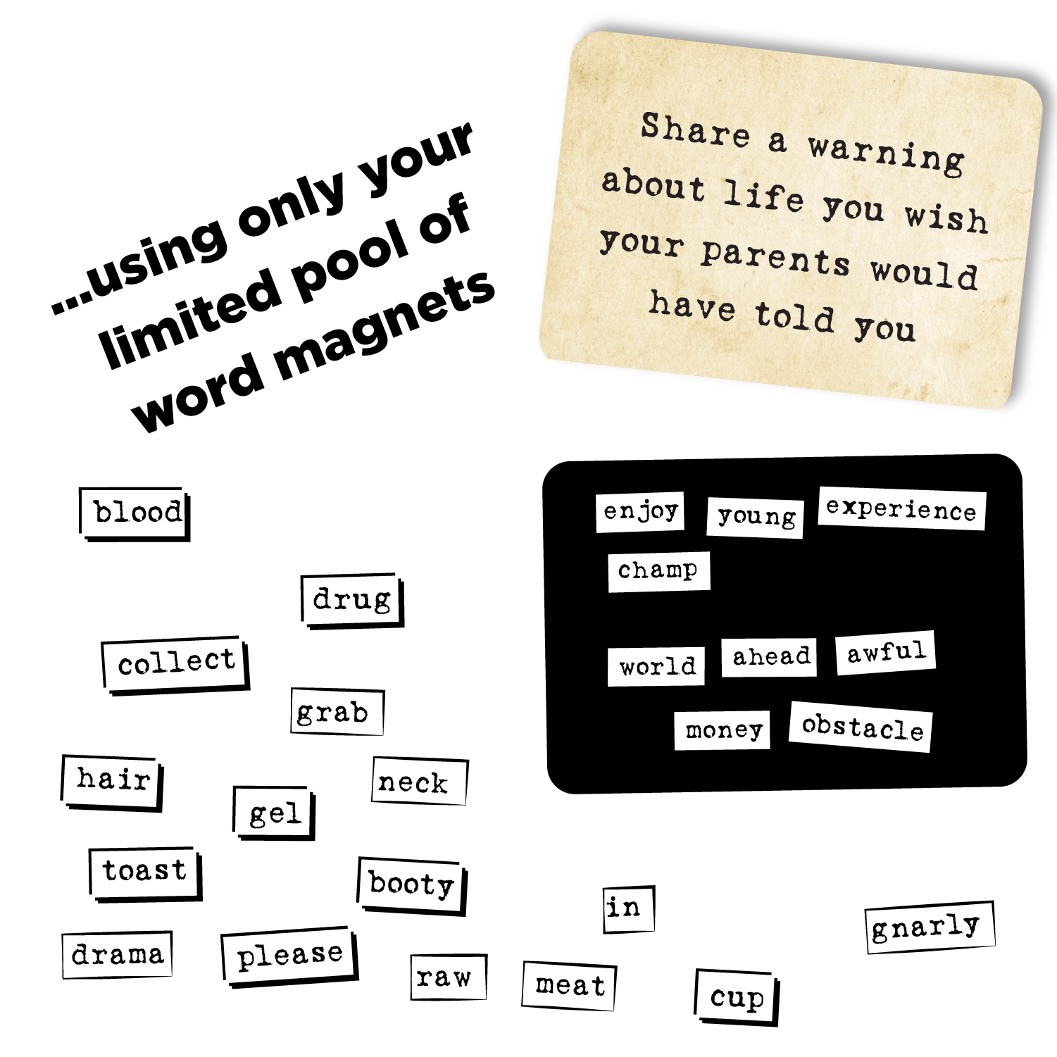 Word magnets on a white background with text prompts