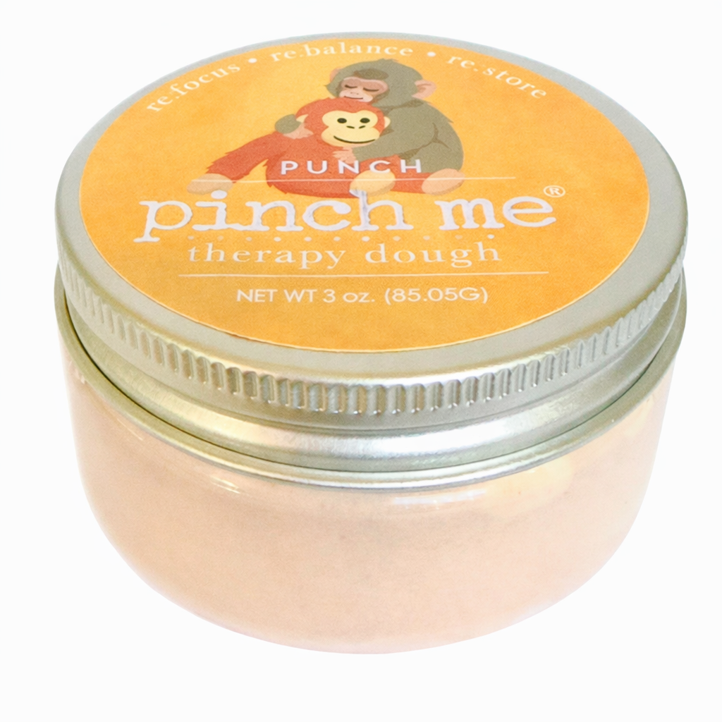Jar of 'pinch me' therapy dough with a colorful label featuring cartoon characters on a white background.