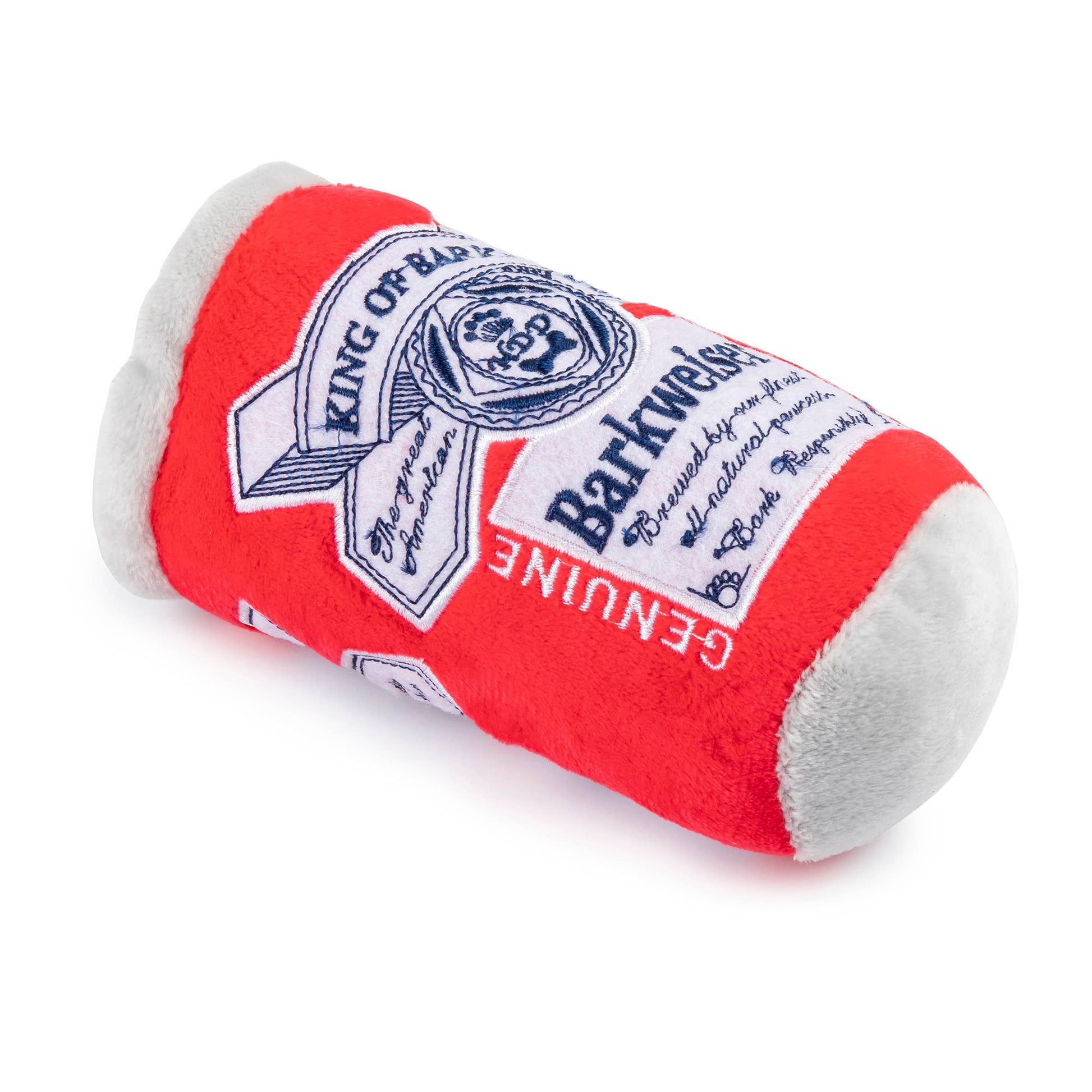 Red and gray dog toy with Barkweiser branding on a white background