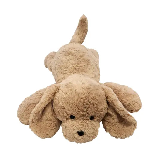 Beige plush dog toy on a white background