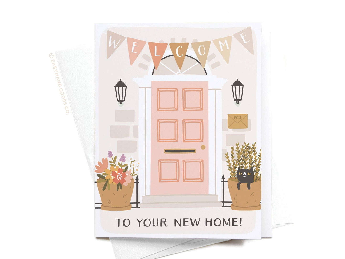 Greeting card with a pink door, plants, and 'Welcome to your new home!' text on a white background.