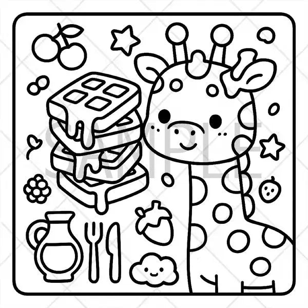 Coloring page with a giraffe, waffles, and breakfast items.