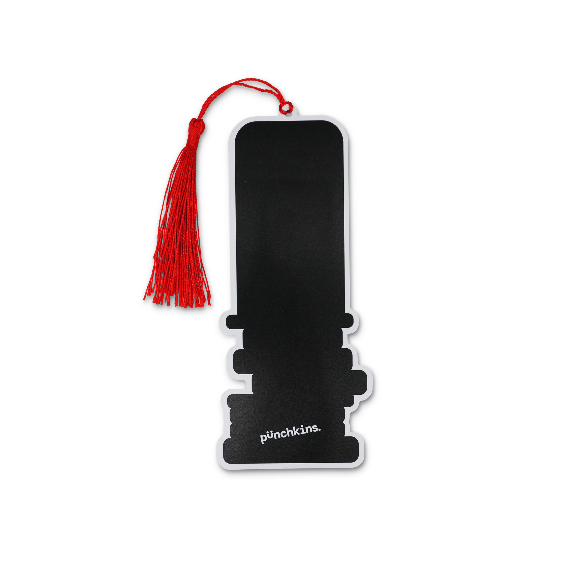 Black silhouette of a bookmark with red tassel on a white background