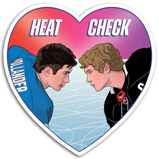 Heart-shaped sticker with two people facing each other and 'Heat Check' text.