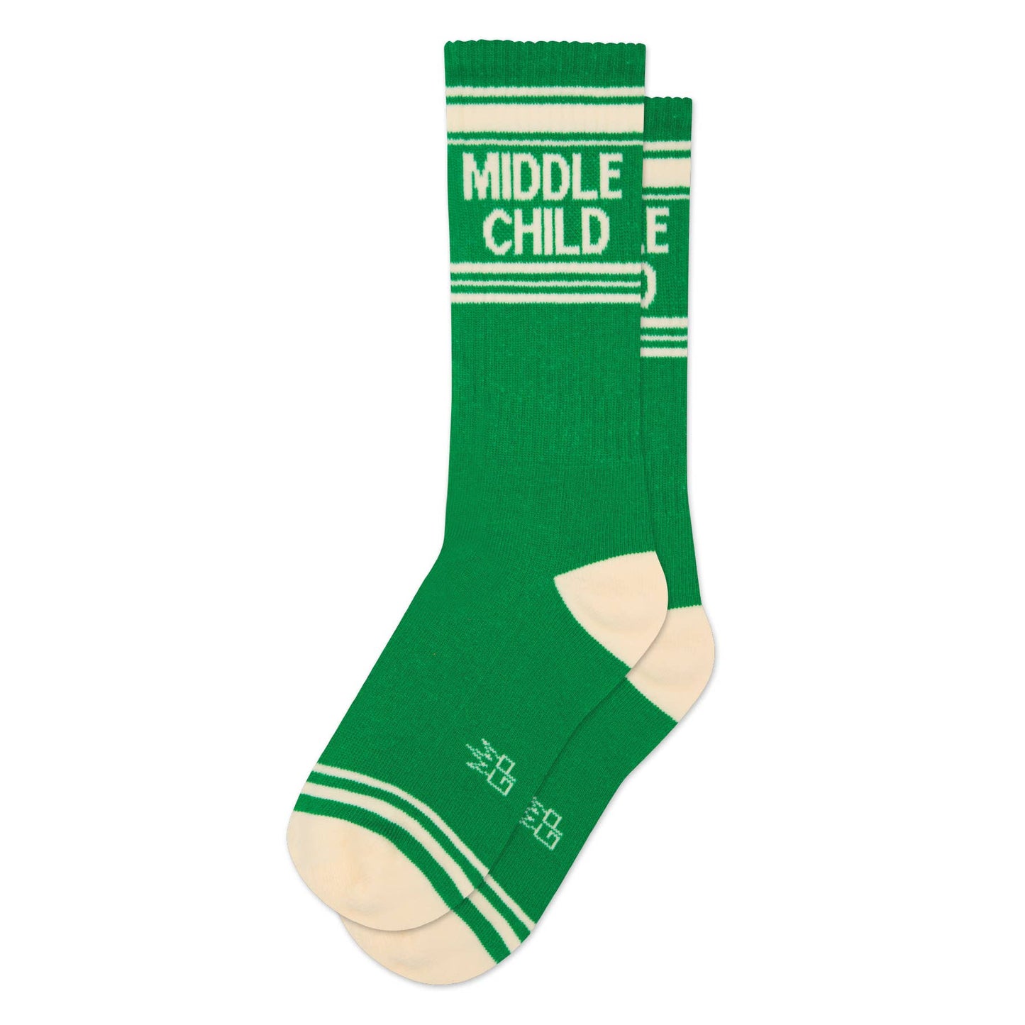 Green sock with 'Middle Child' text on a white background