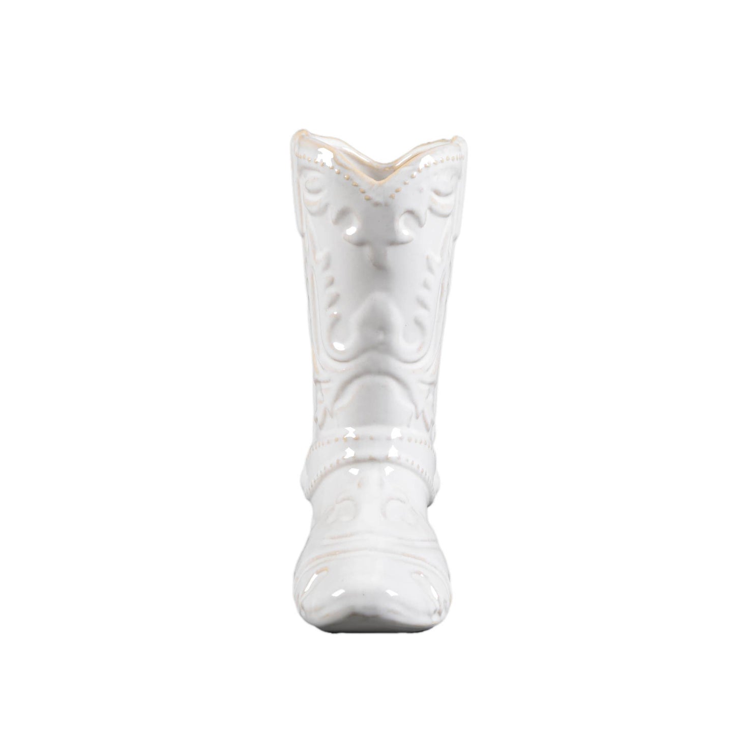 Front view of a white ceramic boot-shaped vase on a white background