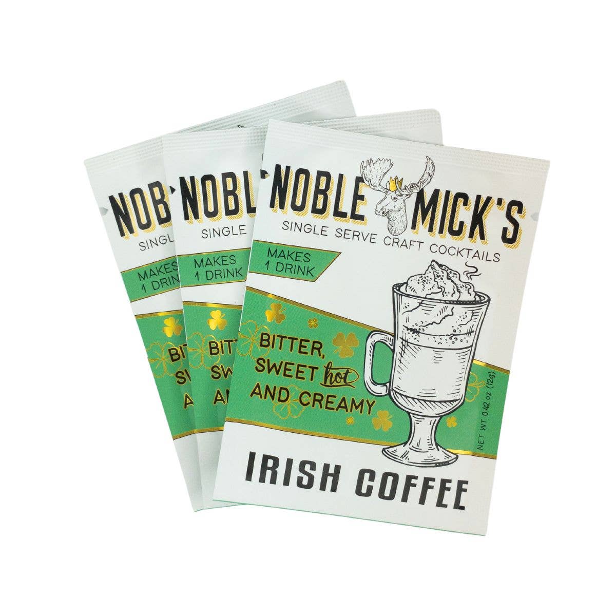 Noble Mick's Irish Coffee cocktail mix packets on a white background