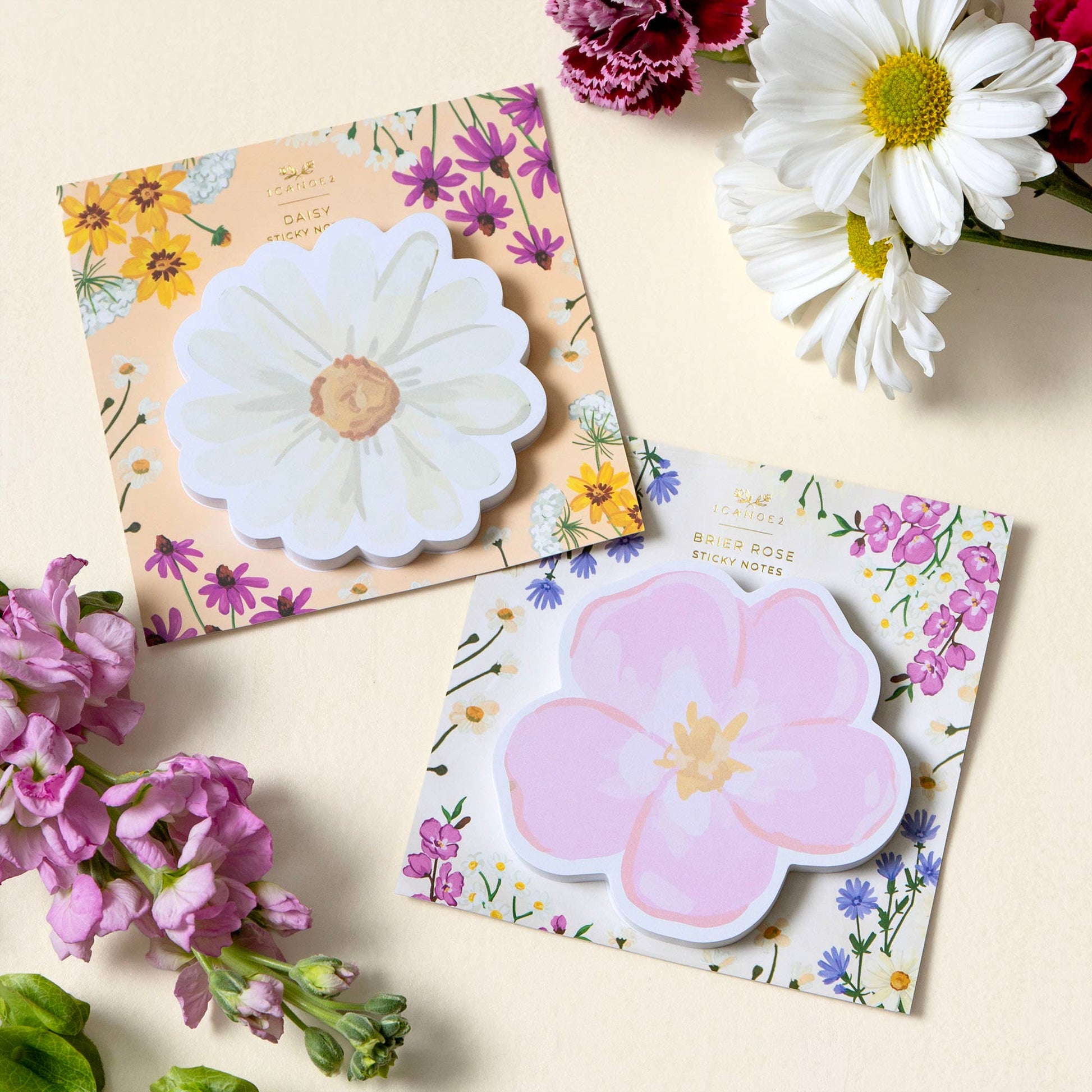 Floral-themed sticky notes with flowers on a light background