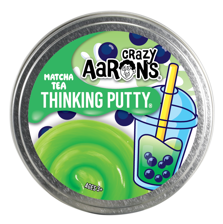 Crazy Aaron's Thinking Putty container with green putty inside, featuring a matcha tea design.