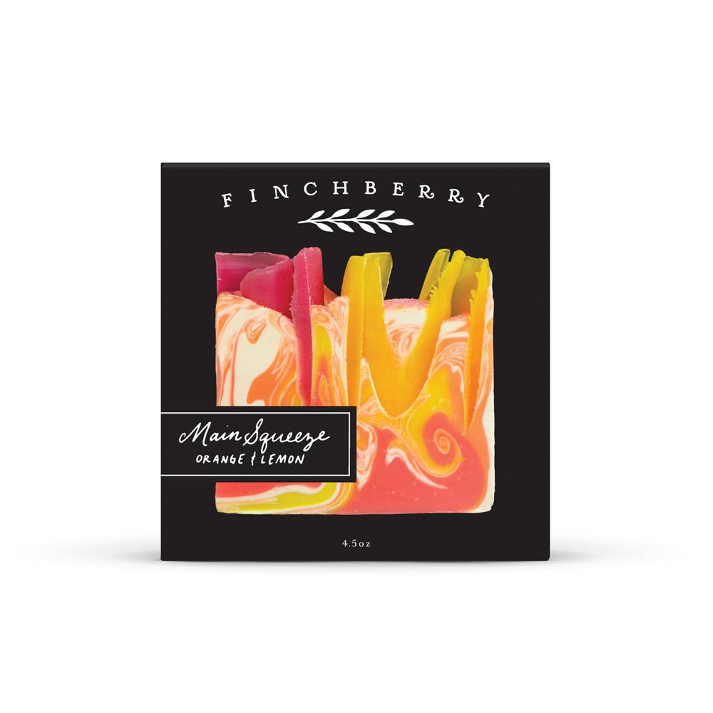 Finchberry soap bar packaging with colorful design on a white background