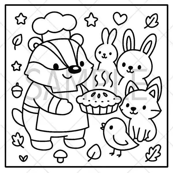 Black and white illustration of a raccoon, rabbits, fox, and bird with a pie, surrounded by leaves and stars.