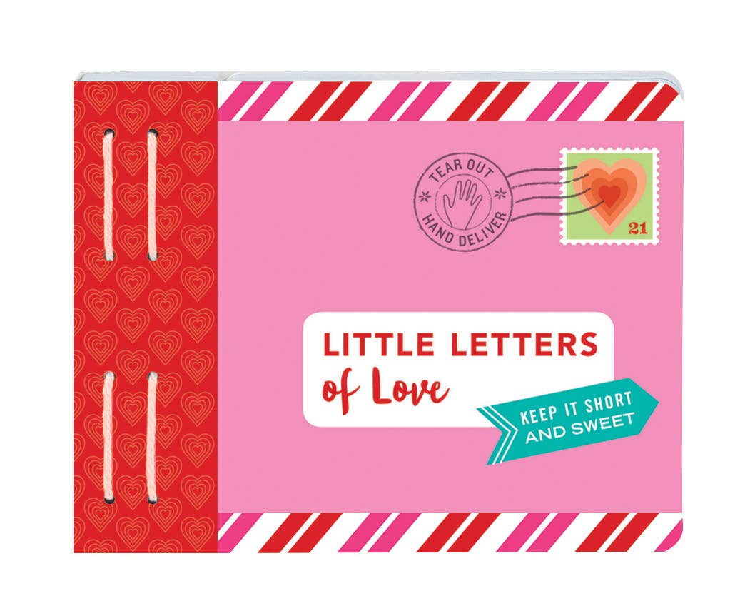 Pink book titled 'Little Letters of Love' with heart designs and a postage stamp illustration on a white background.