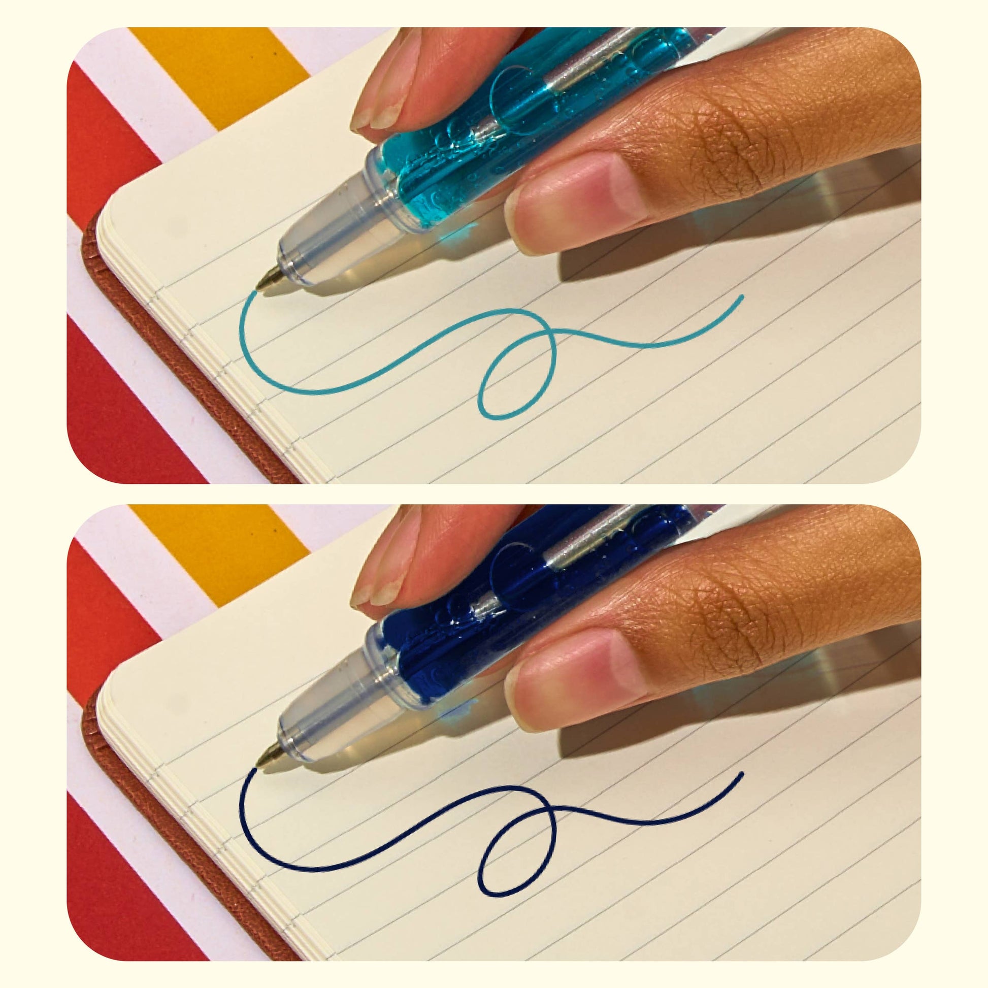 Two images showing a hand holding a blue lava pen and a light blue lava pen writing on lined paper.