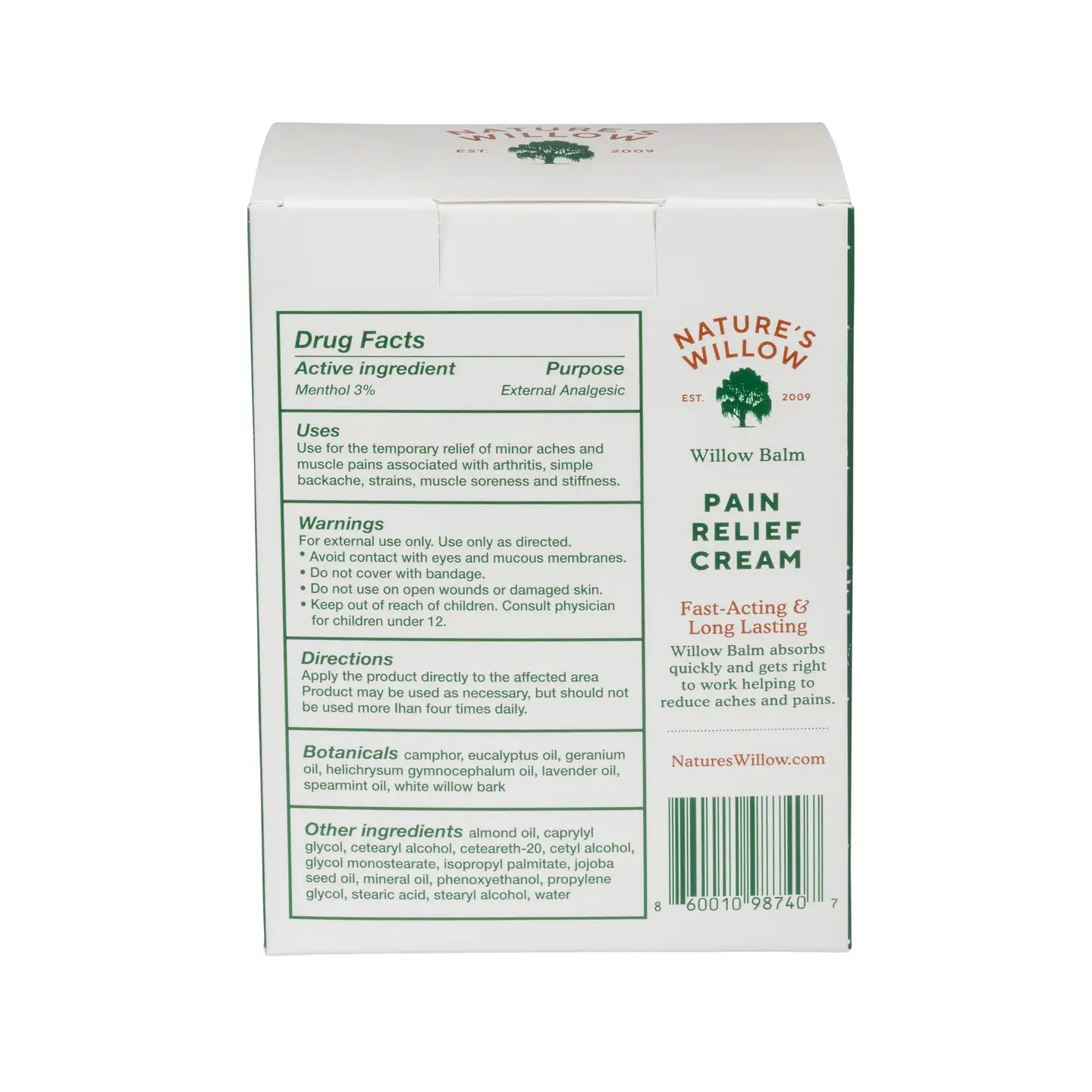Box of Nature's Willow Pain Relief Cream with label and text on a white background