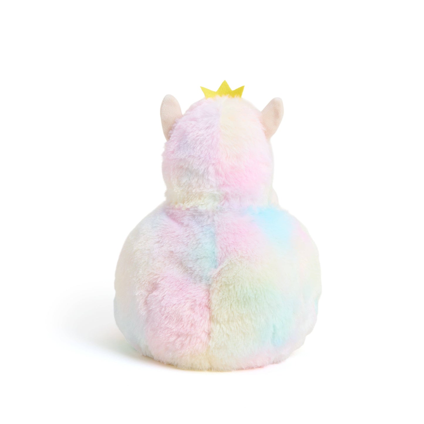 Pastel-colored plush toy with a crown on a white background