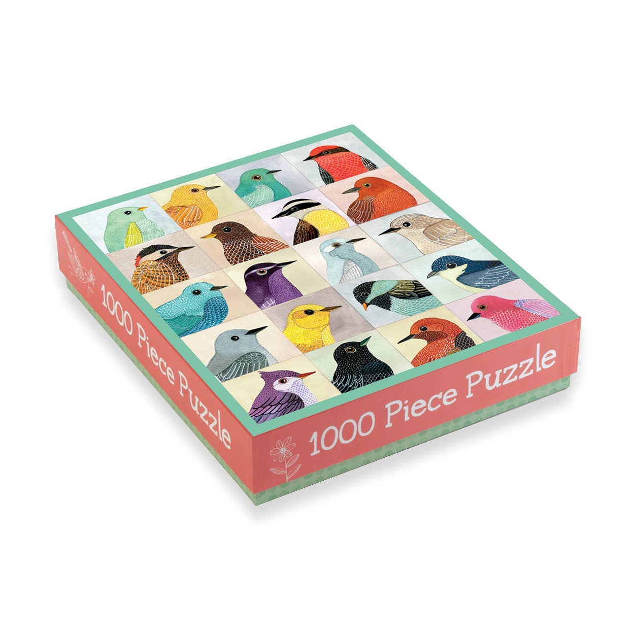 Jigsaw puzzle box with bird illustrations on a white background