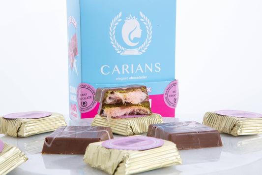 Carians chocolate bars with a blue box in the background