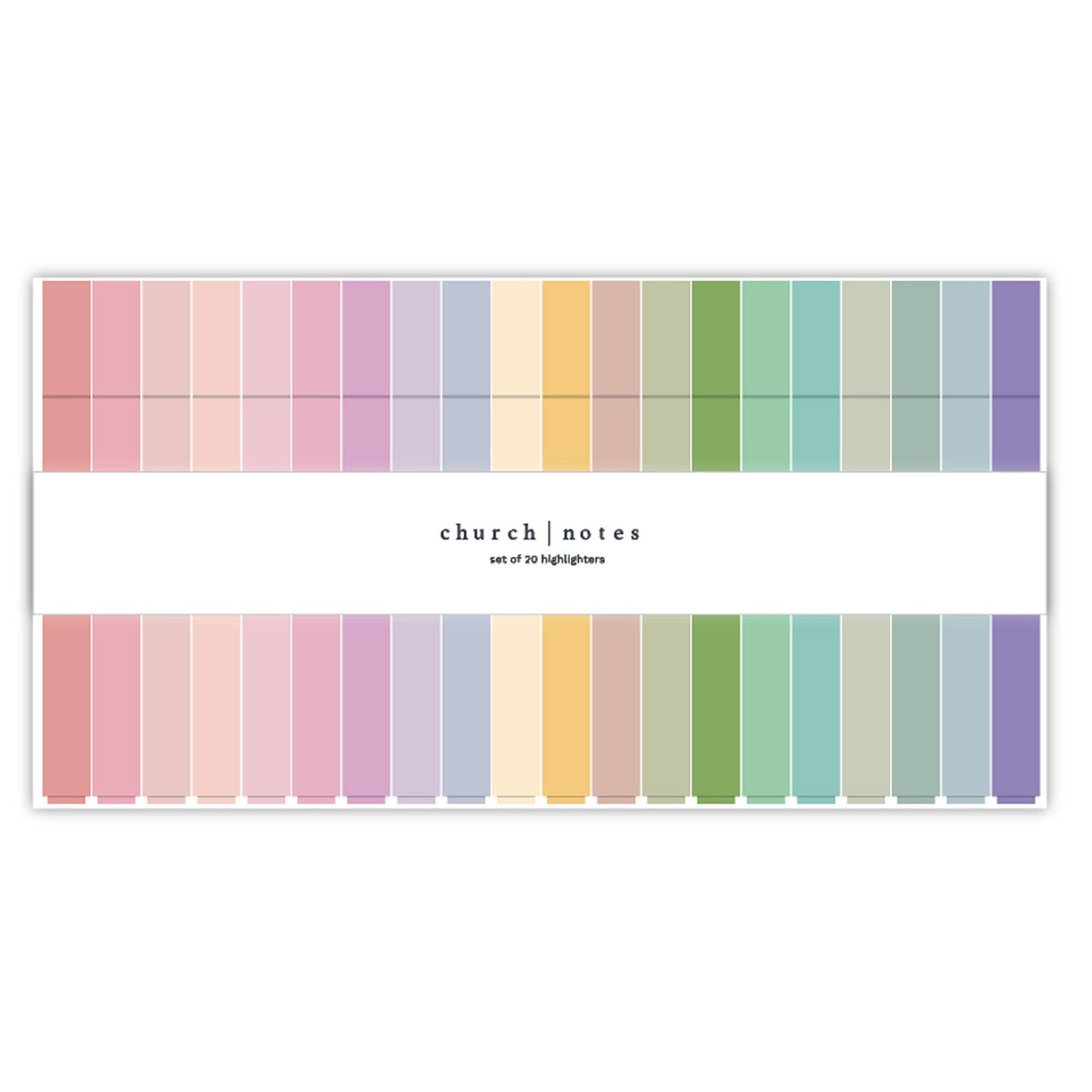 Set of colorful highlighter markers with 'church notes' branding on a white background