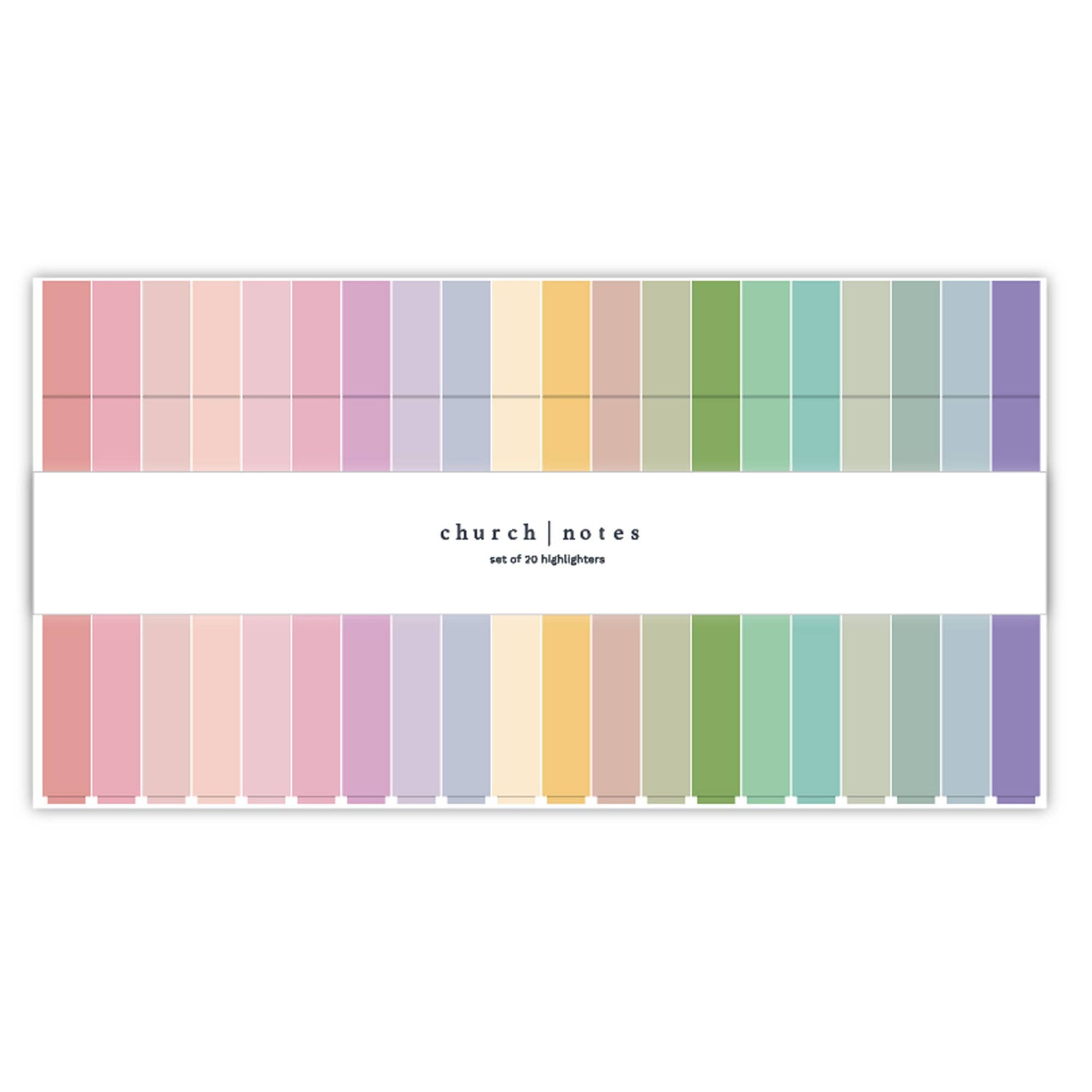Set of colorful highlighter markers with 'church notes' branding on a white background