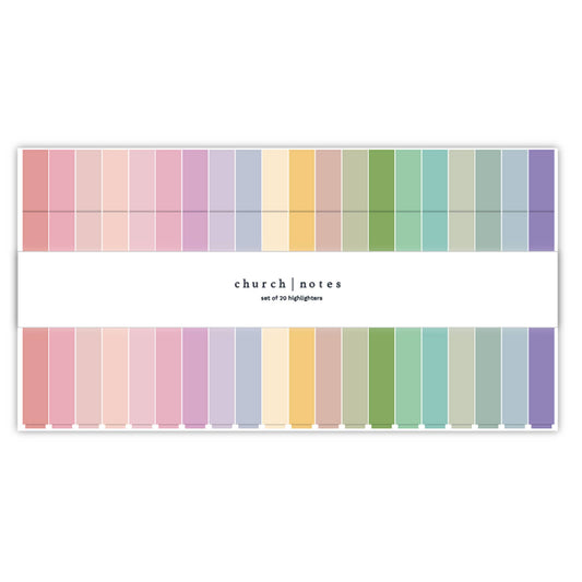 Set of colorful highlighter markers with 'church notes' branding on a white background