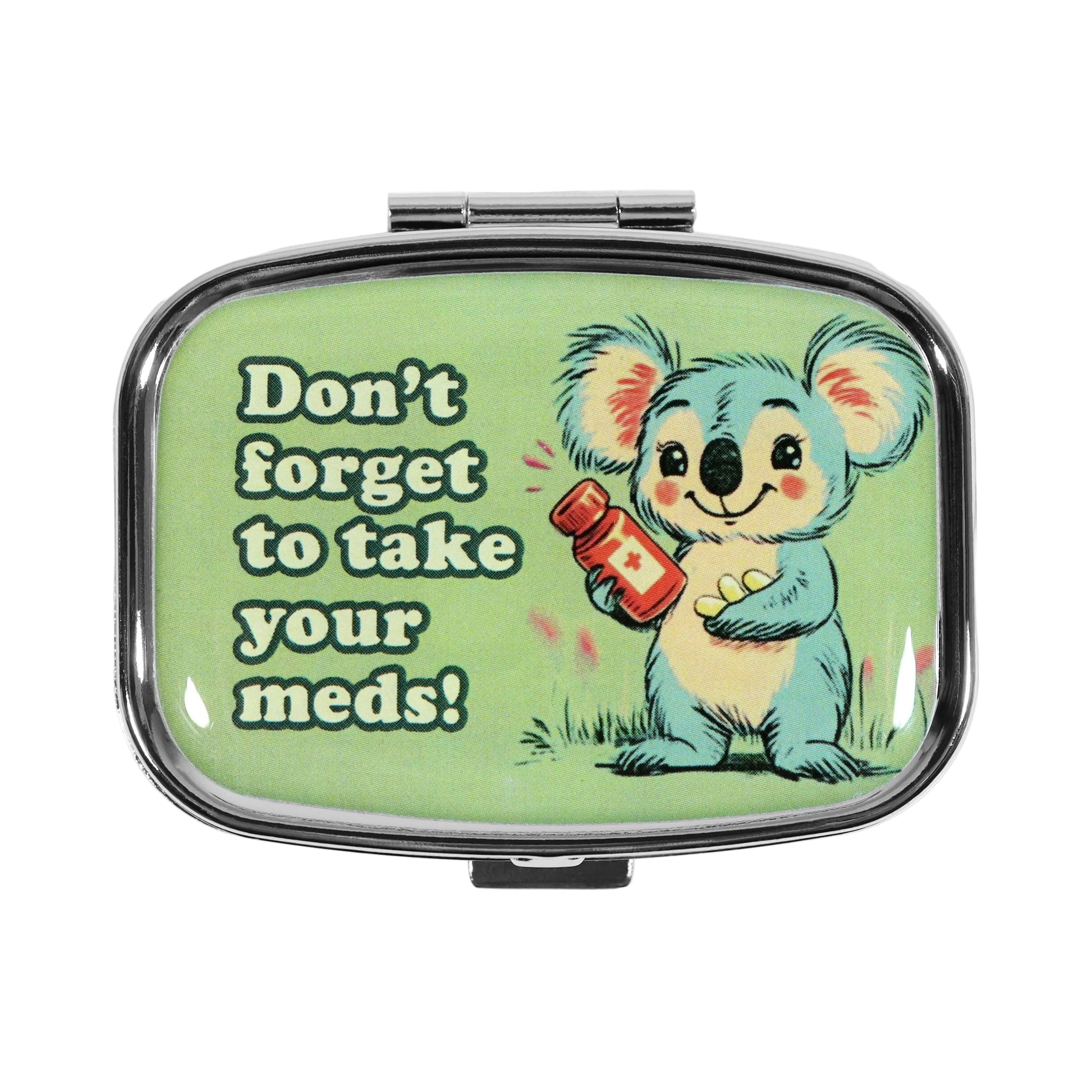 Pill box with a koala illustration and text 'Don't forget to take your meds!' on a green background