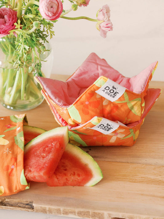 Two watermelon-shaped bags with a visible brand label on a wooden surface with sliced watermelon and flowers.