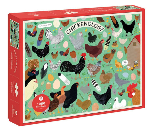 Jigsaw puzzle box with chicken illustrations and 'Chickenology' branding