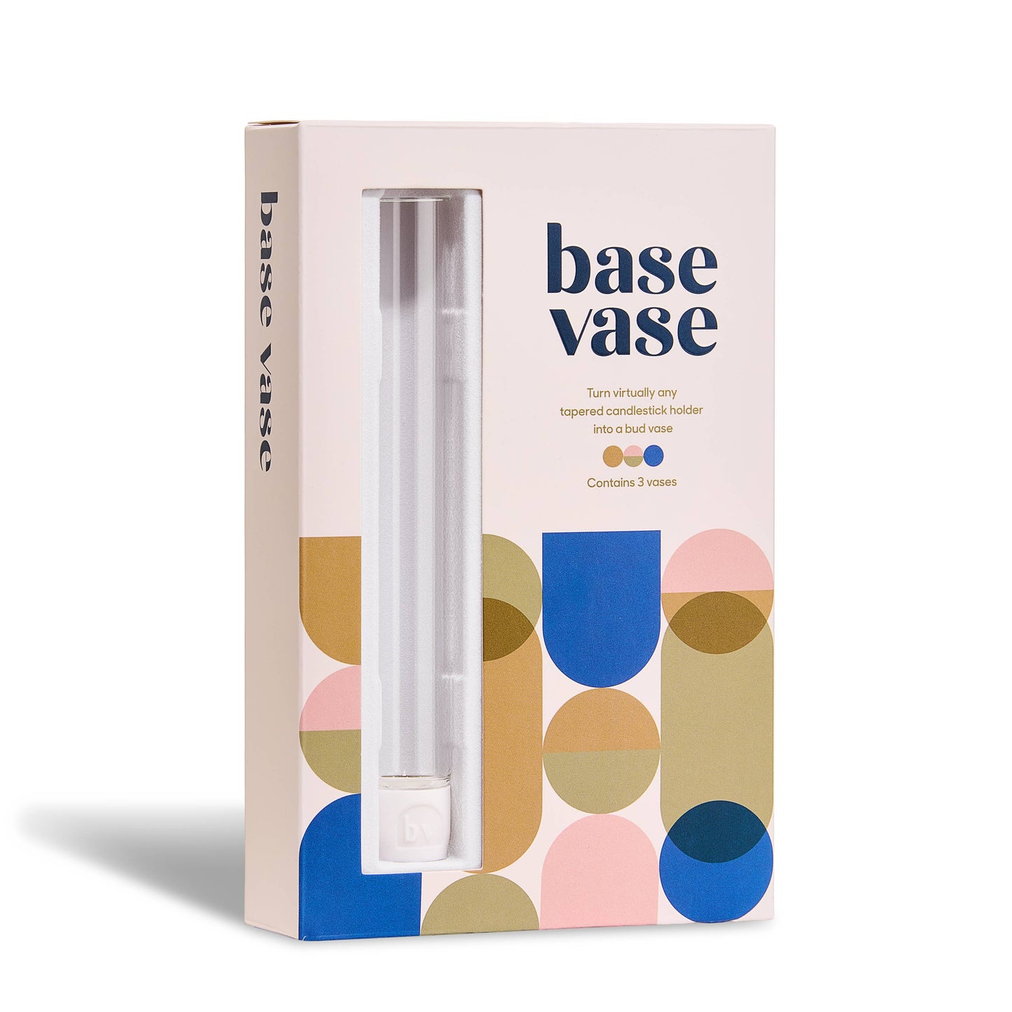 Base Vase packaging with colorful geometric design on a white background