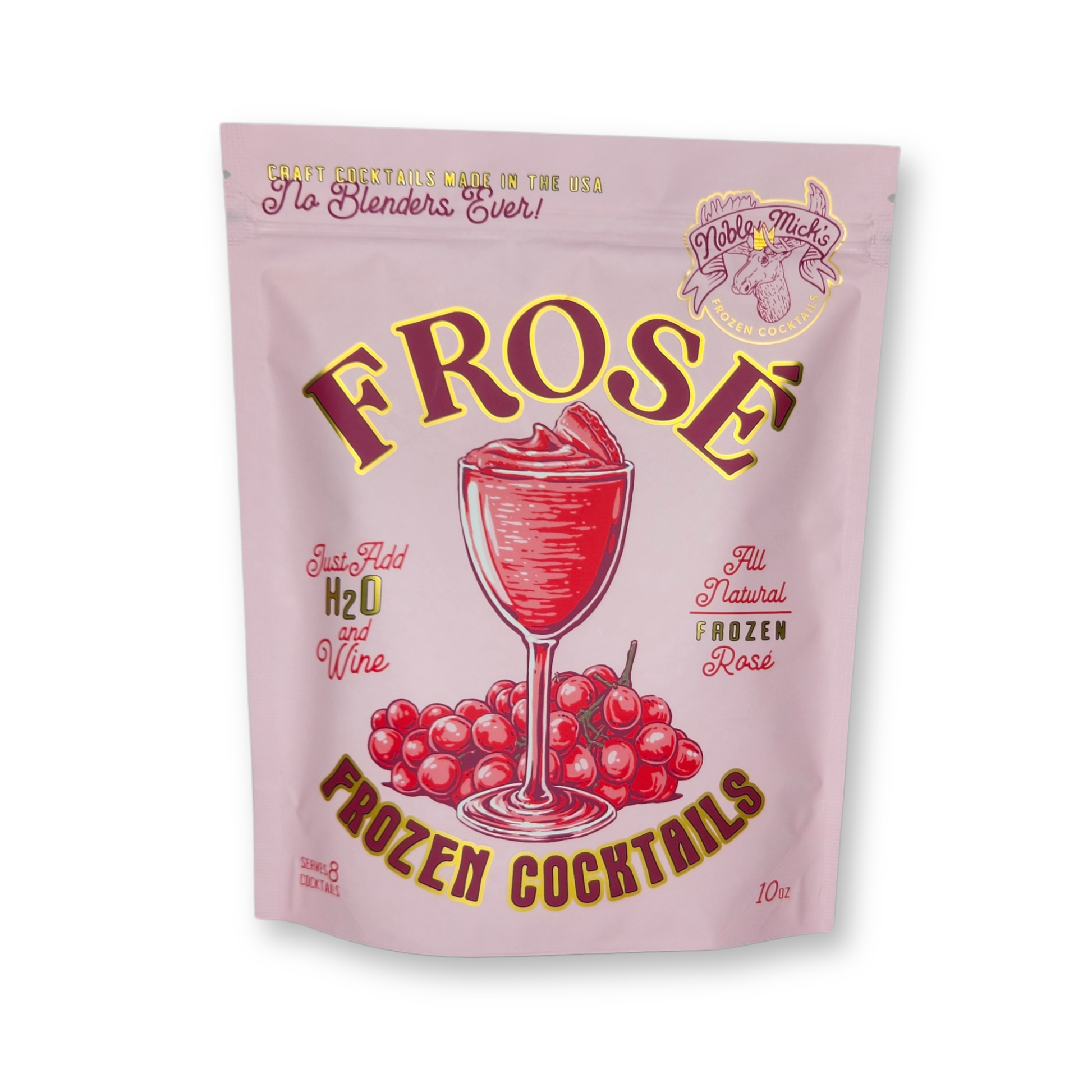 Pink package of Frose Frozen Cocktails with red text and graphics on a white background