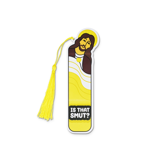 Bookmark with a yellow tassel and a humorous design of Jesus with text 'IS THAT SMUT?' on a white background.