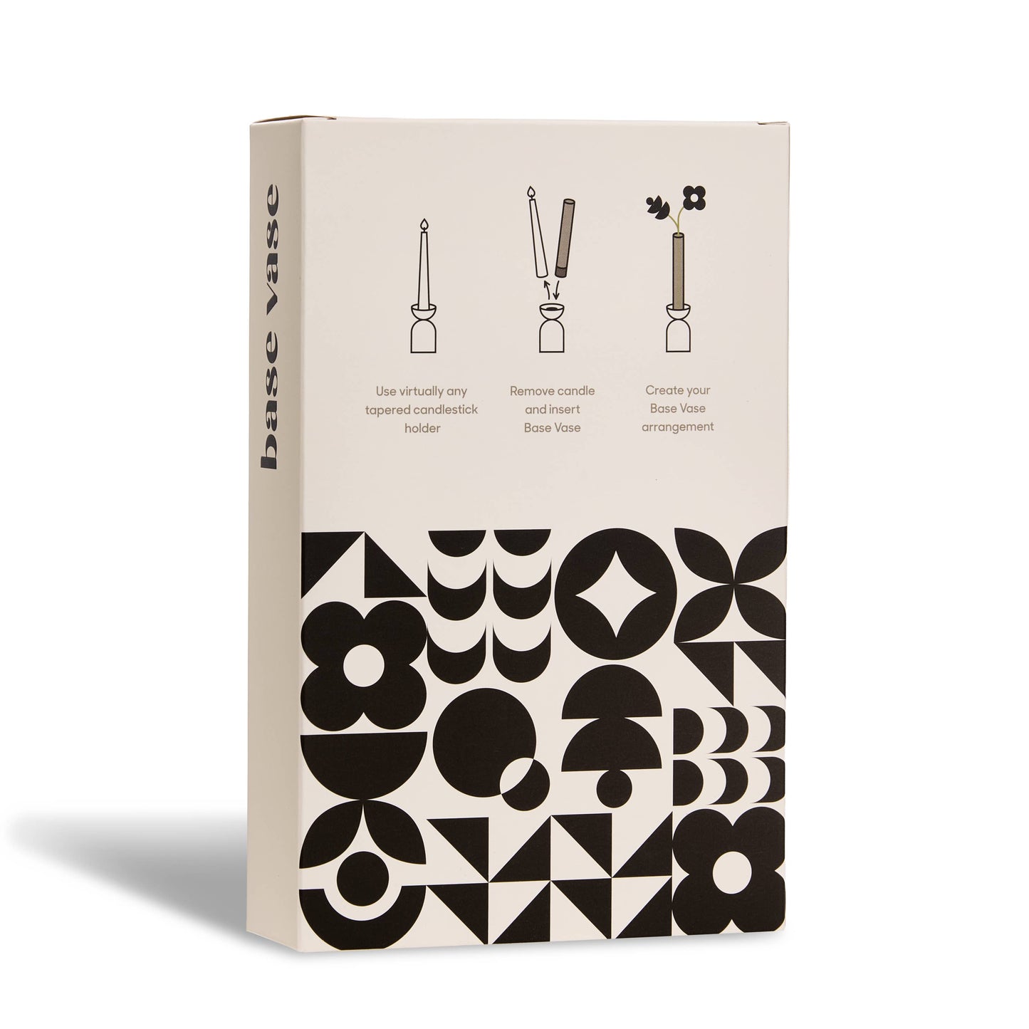 Box with black geometric pattern and text on a white background