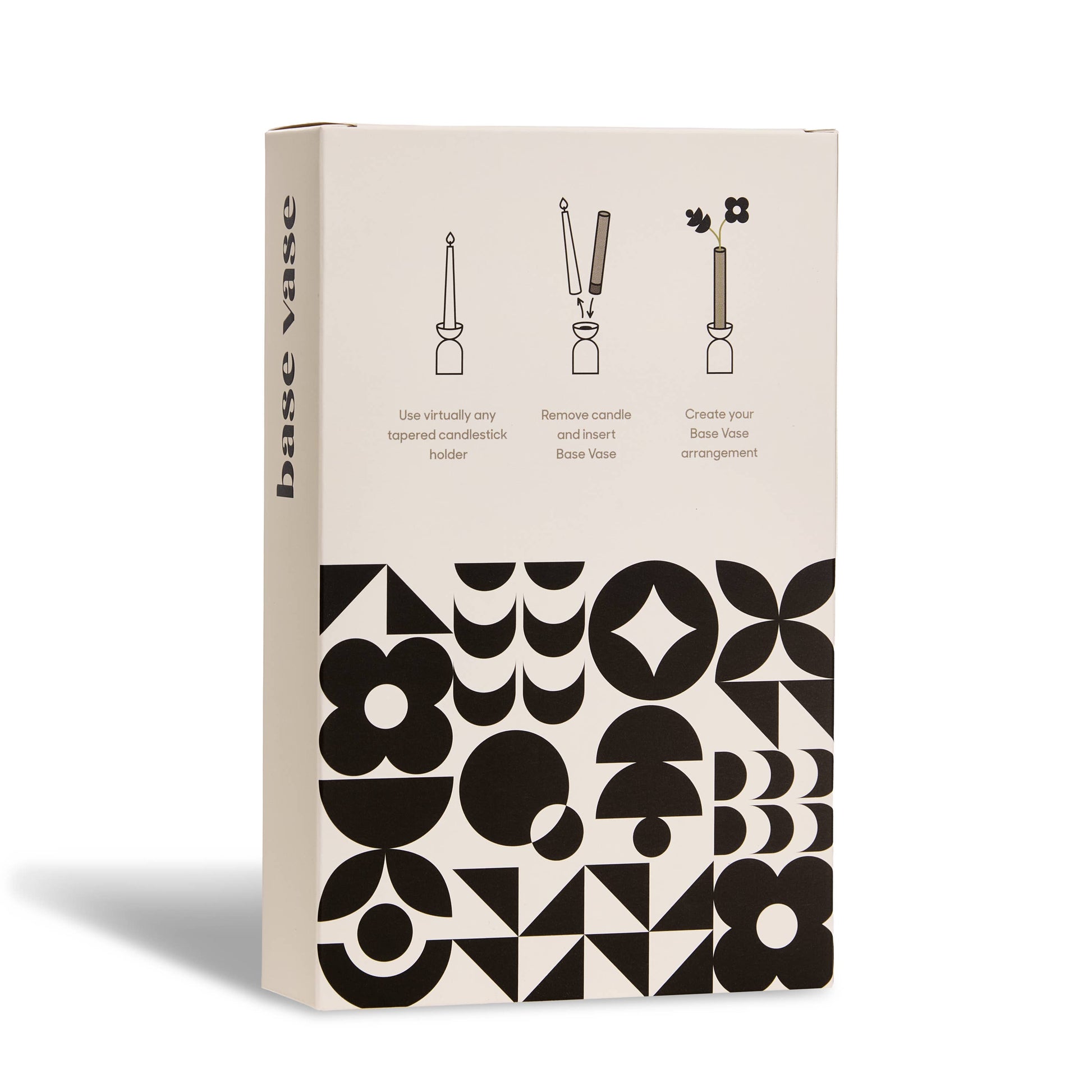 Box with black geometric pattern and text on a white background