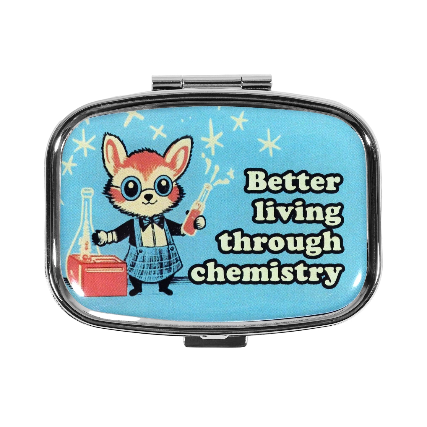 Compact mirror with a cartoon fox holding beakers and the text 'Better living through chemistry' on a blue background.