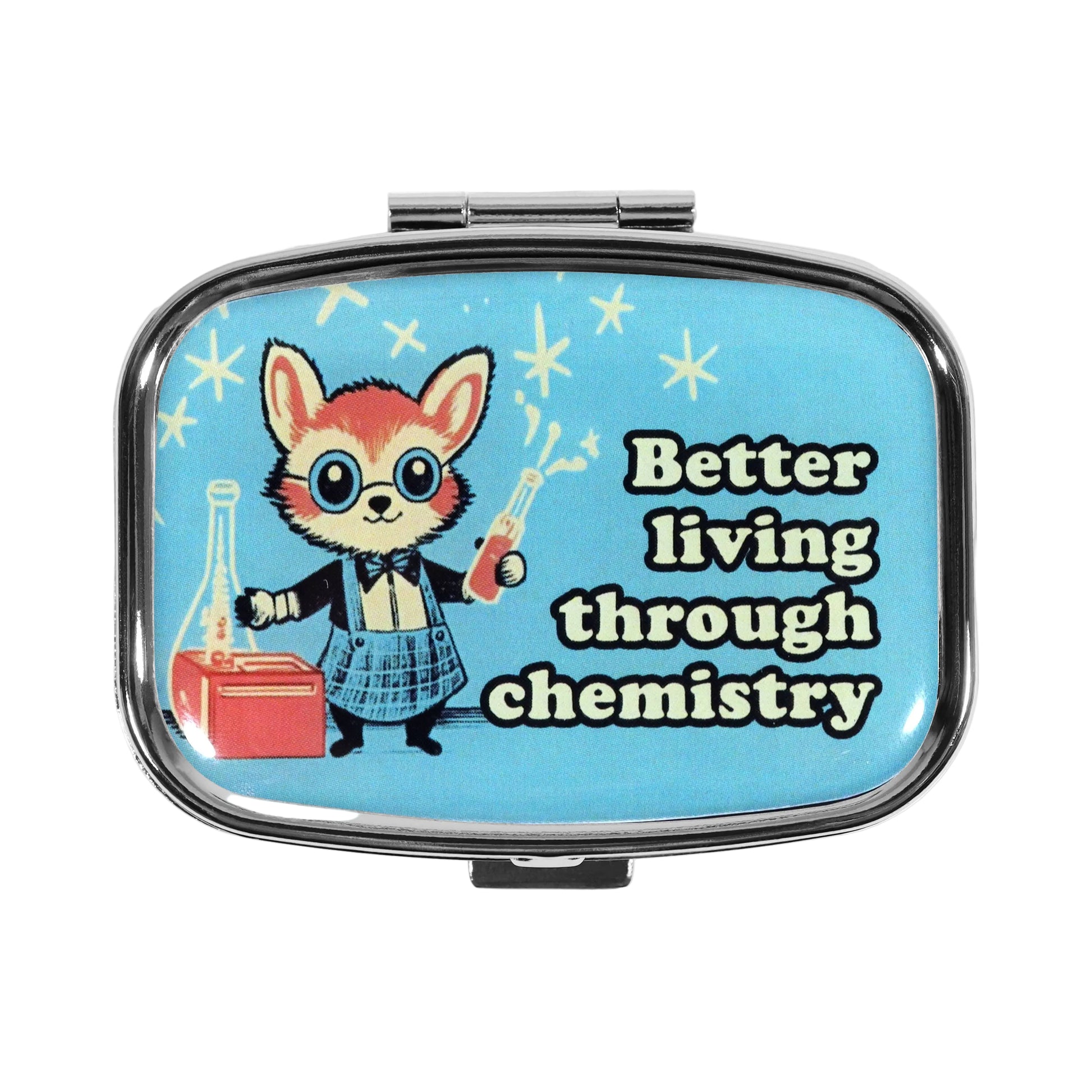 Compact mirror with a cartoon fox holding beakers and the text 'Better living through chemistry' on a blue background.