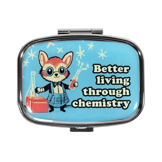 Compact mirror with a cartoon fox holding beakers and the text 'Better living through chemistry' on a blue background.