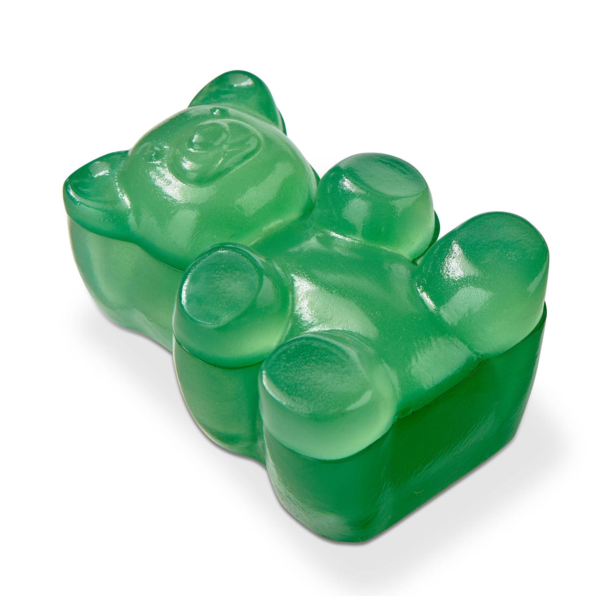 Green Gummy Bear shaped trinket box on a white background