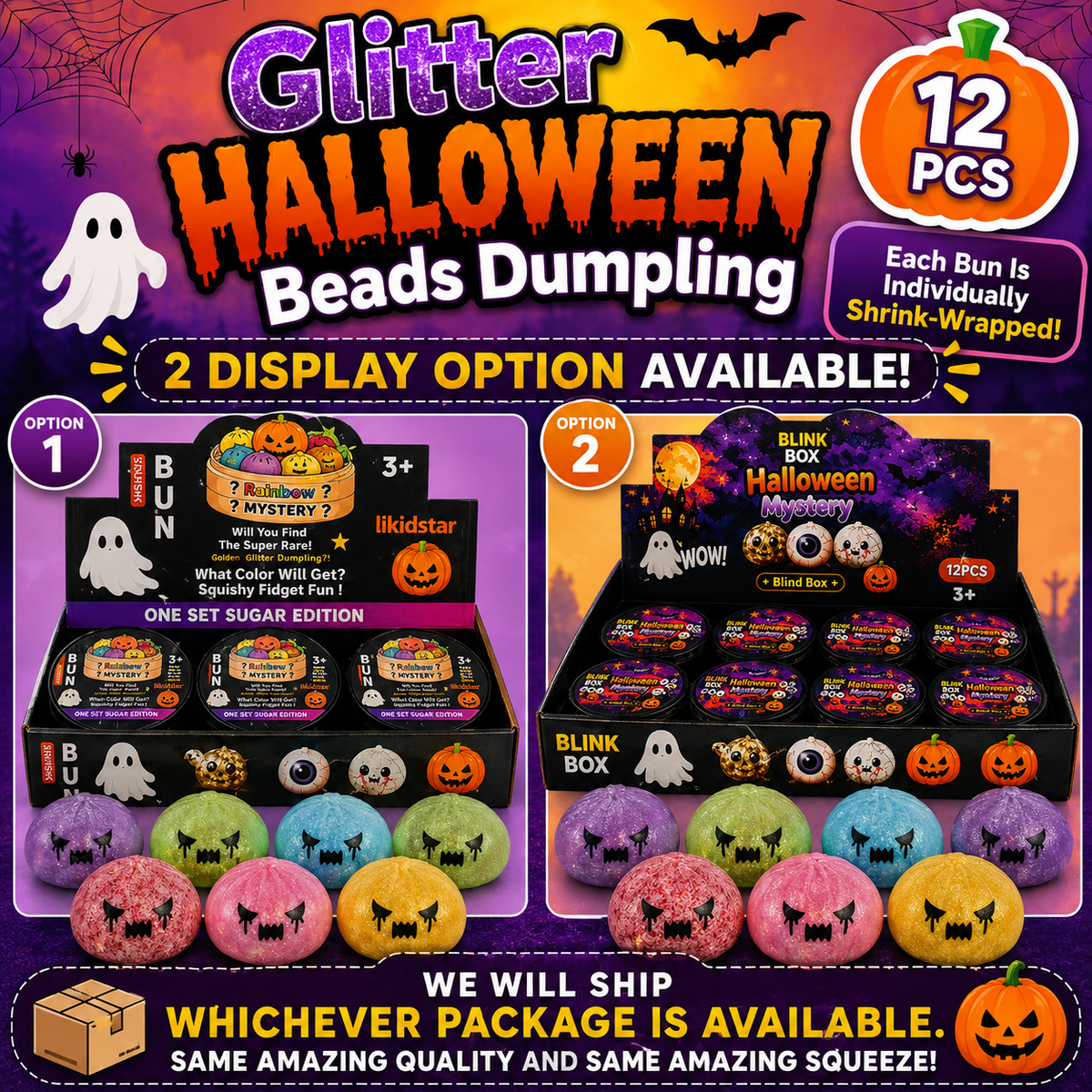 Promotional graphic for 'Glitter Halloween Beads Dumpling' showing two display box options and several colorful round candy-like beads with spooky faces. The design uses a Halloween theme with pumpkins, ghosts, spiders, and orange text, on a dark purple background.