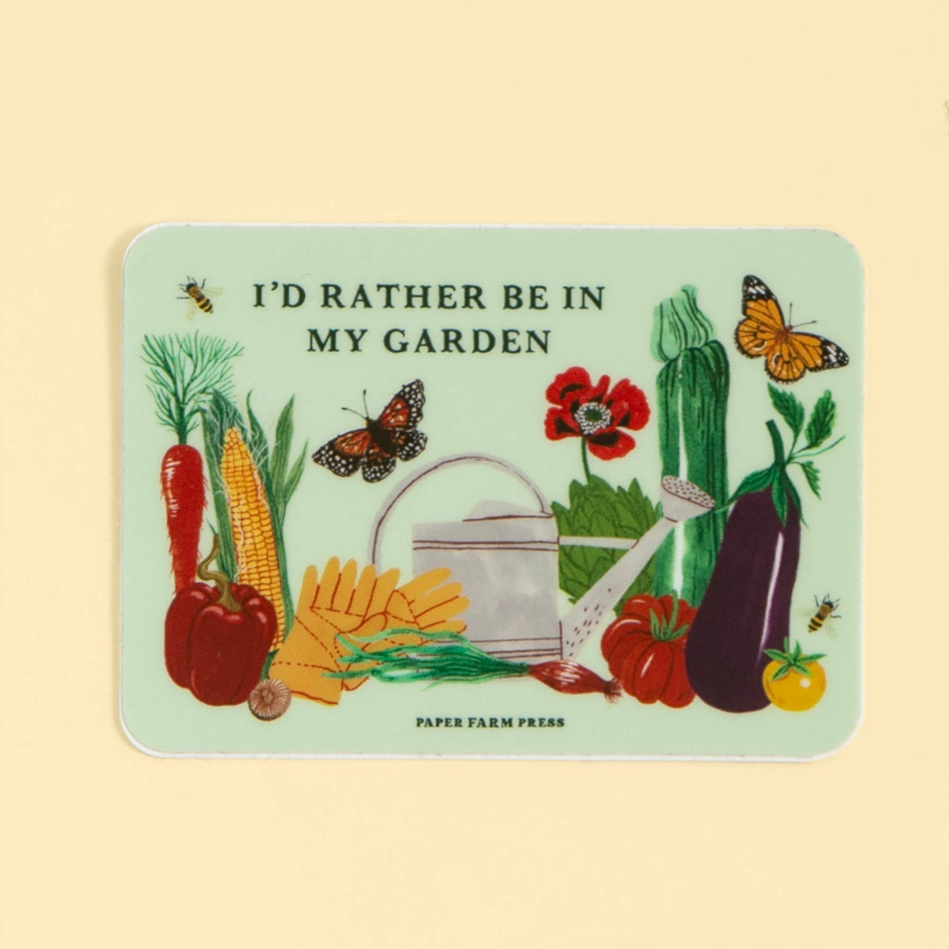 Card with gardening-themed illustration and text 'I'd Rather Be In My Garden' on a light green background.