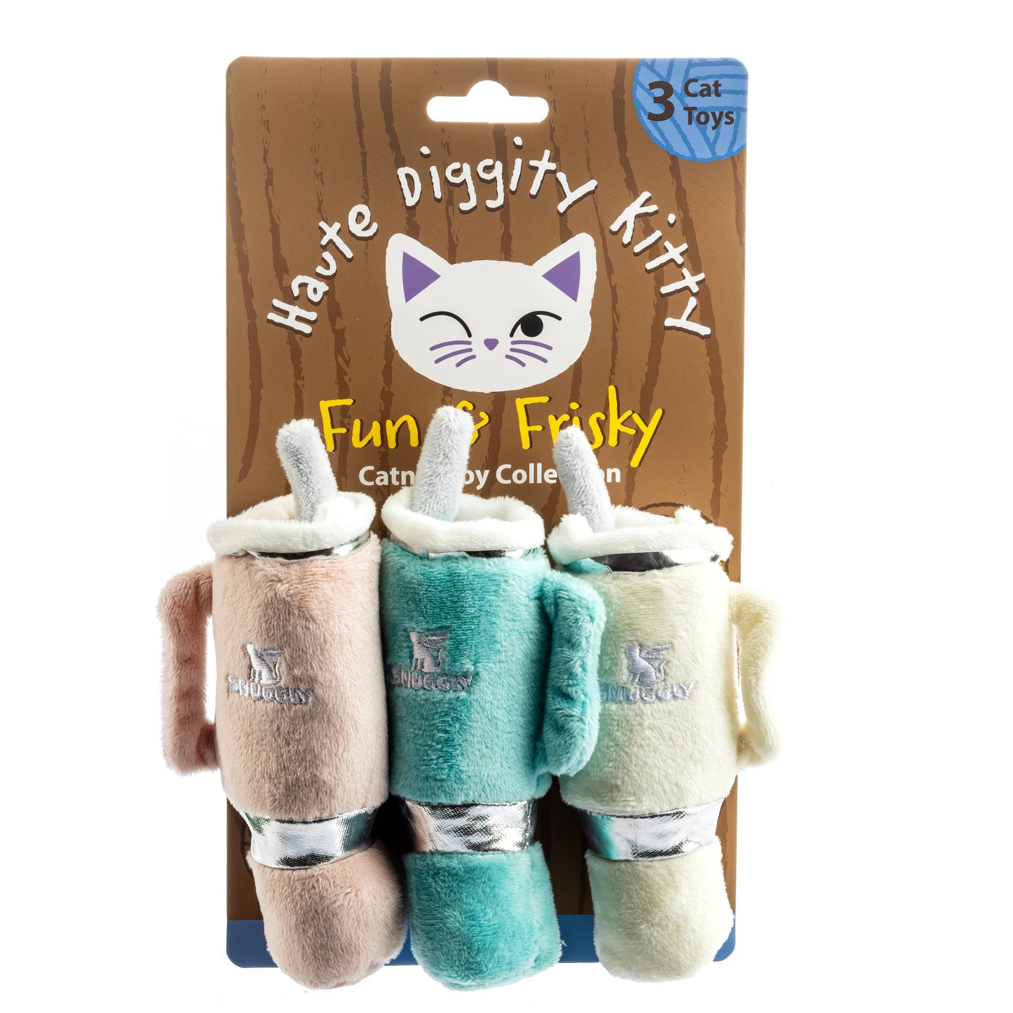 Three stanley cup inspired cat toys in a 'Haute Diggity Kitty' packaging on a white background