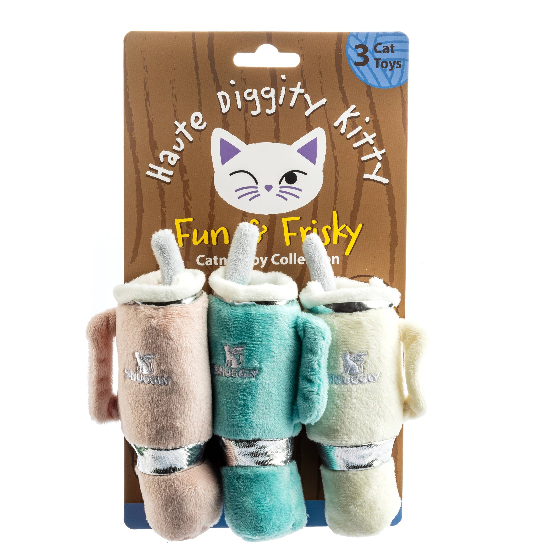 Three stanley cup inspired cat toys in a 'Haute Diggity Kitty' packaging on a white background