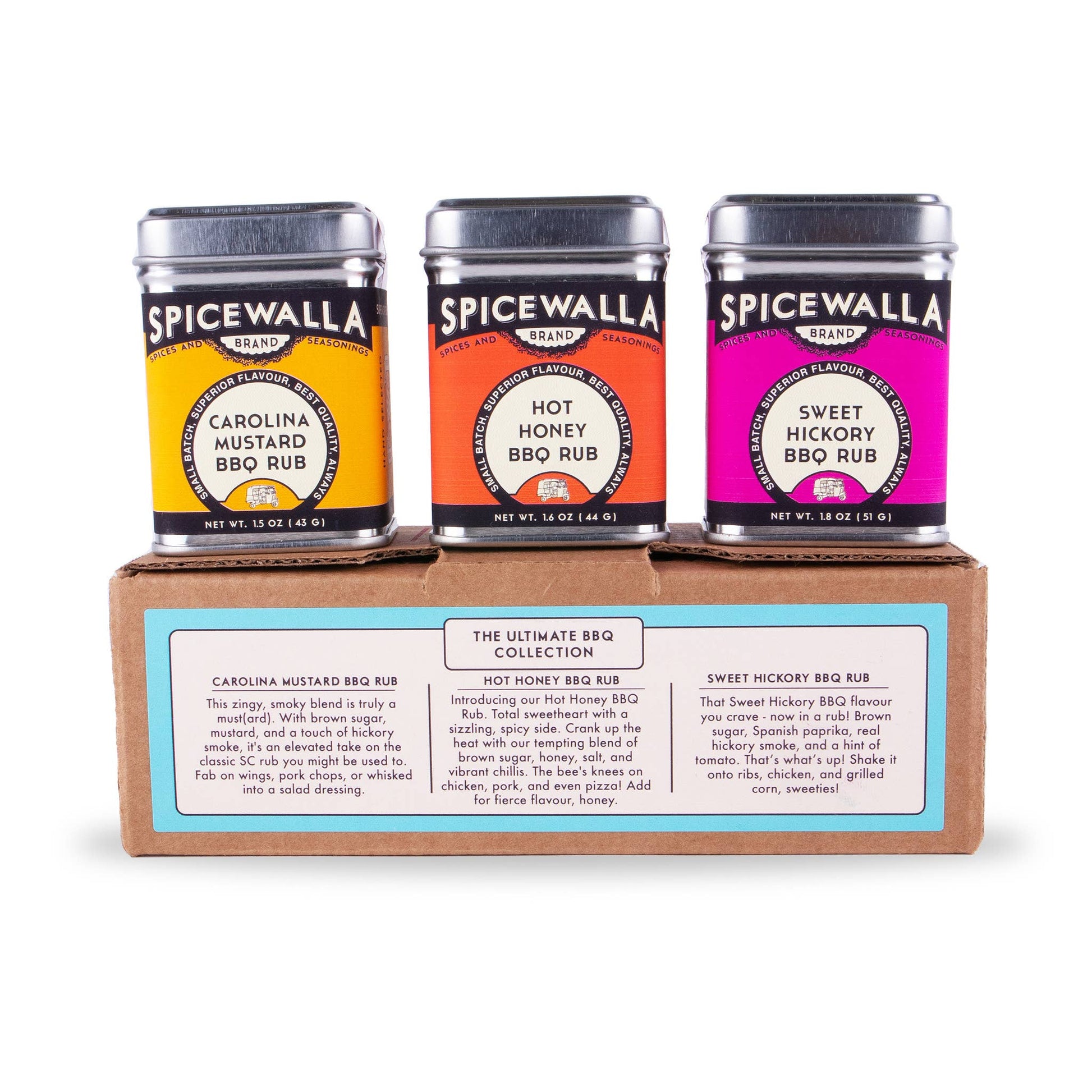 Three Spicewalla BBQ rub containers on a cardboard box with product details.