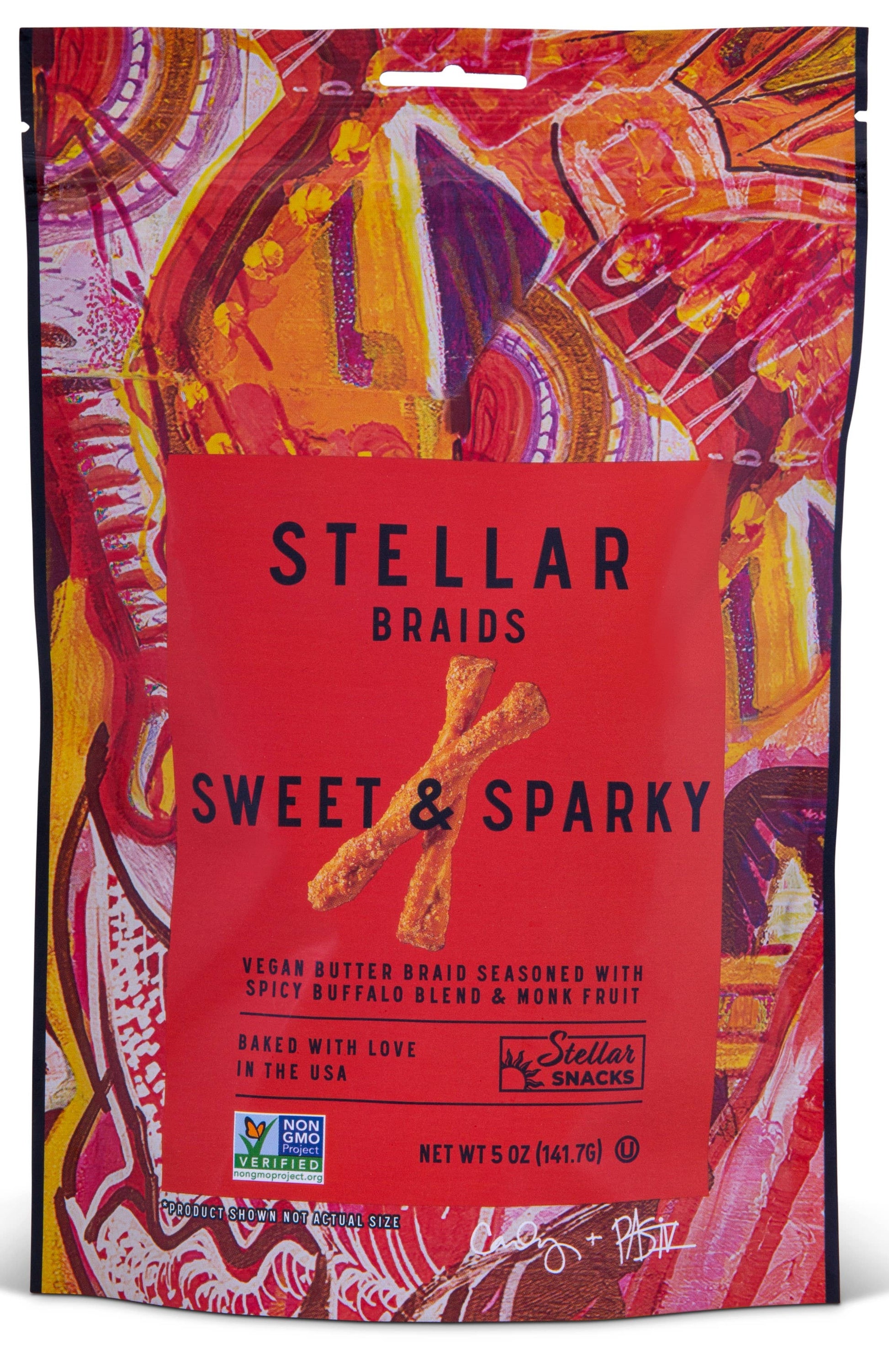 Stellar Braids Sweet & Sparky snack package with colorful design
