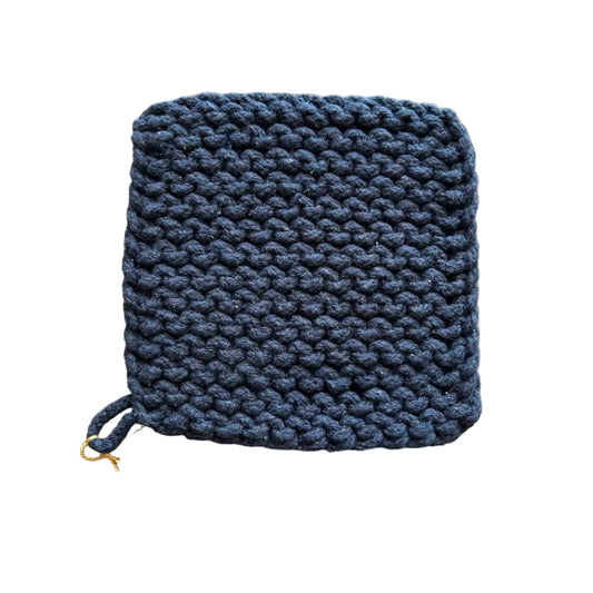 A square-shaped dark navy blue crochet potholder on a white background
