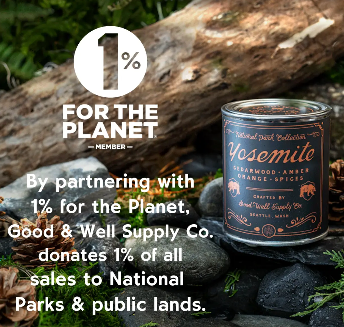 Candle with '1% for the Planet' label on a natural background