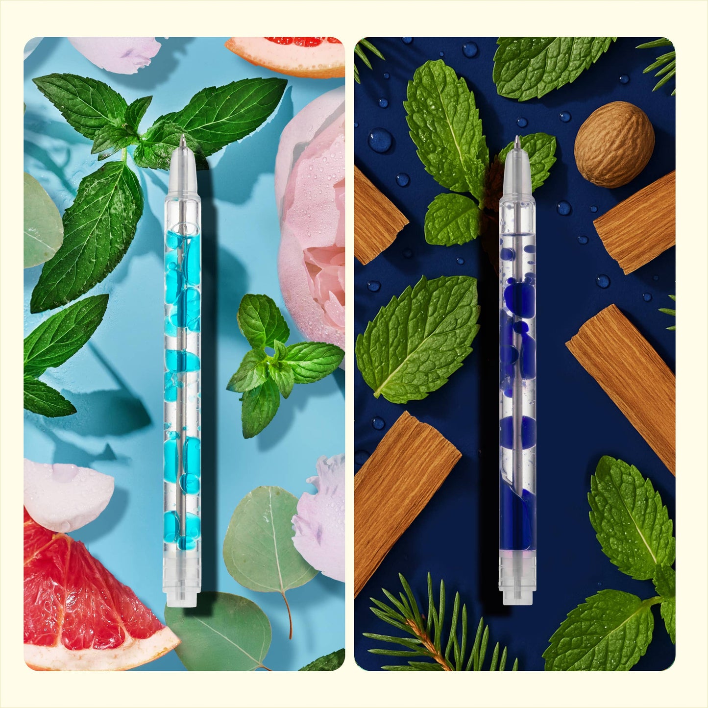 Two blue lava pens with different backgrounds showcasing their scents.