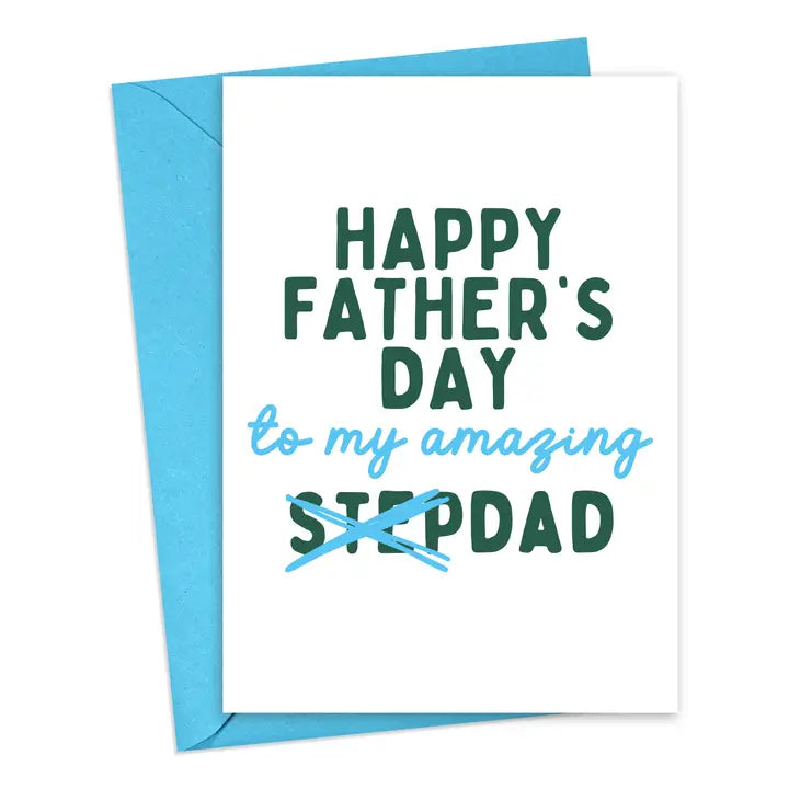Father's Day card with blue and green text on a white background