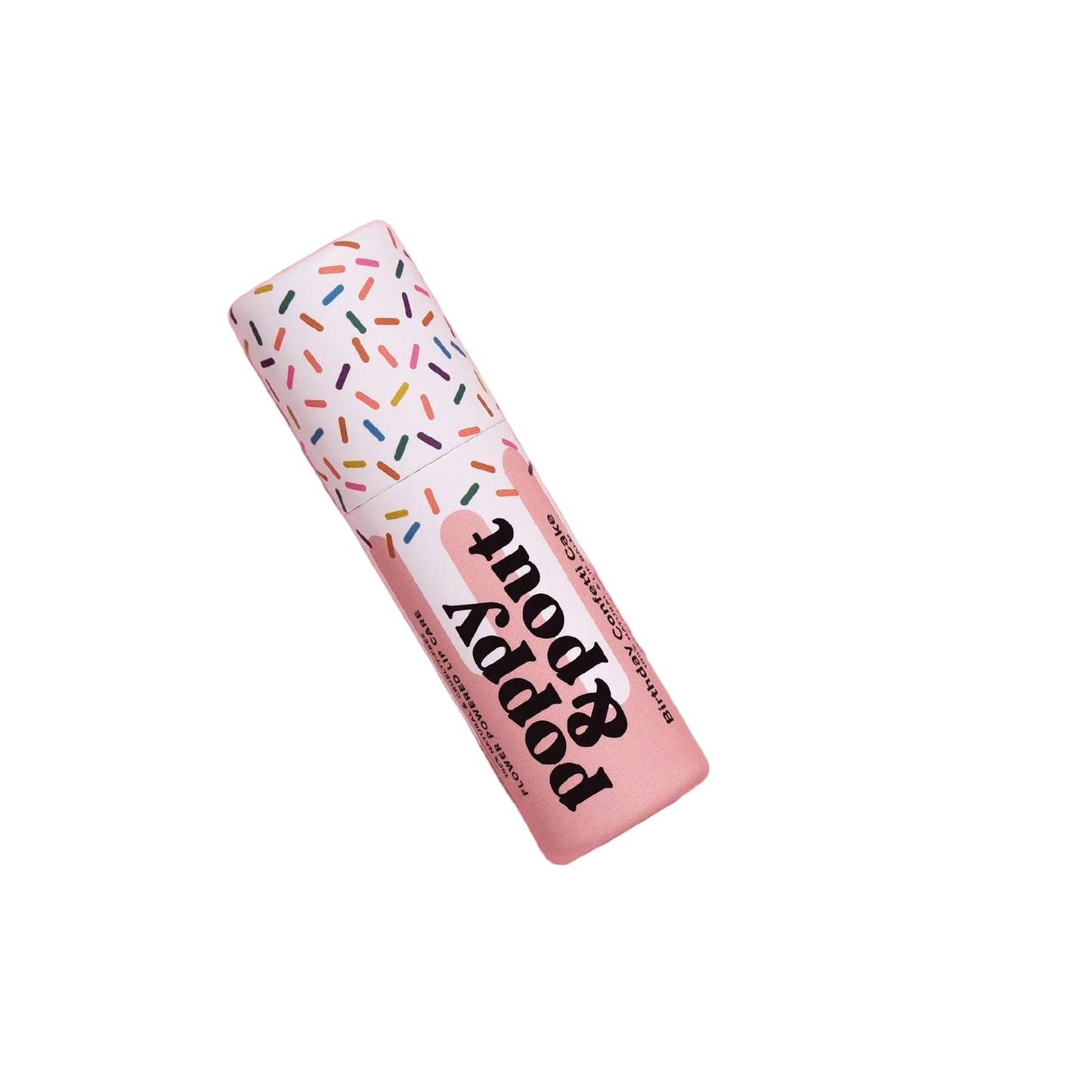 Poppy Pout lip balm with colorful packaging on a white background